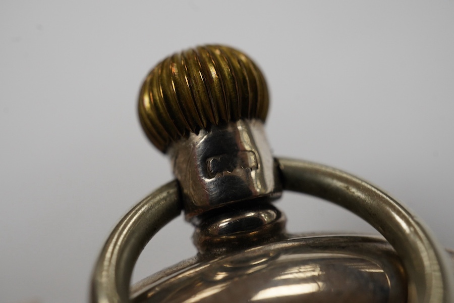 A George V silver J.W. Benson keyless half hunter pocket watch, with Roman dial and subsidiary seconds, case diameter 49mm. Condition - poor to fair